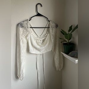 Shein lace top paisley bubble long sleeve corset tie shirt off the shoulder med